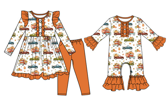 25.7.10 custom each style moq 5eta 4-6week Sibling Sister cars baby girl long sleeve pants sets and rompers match family design