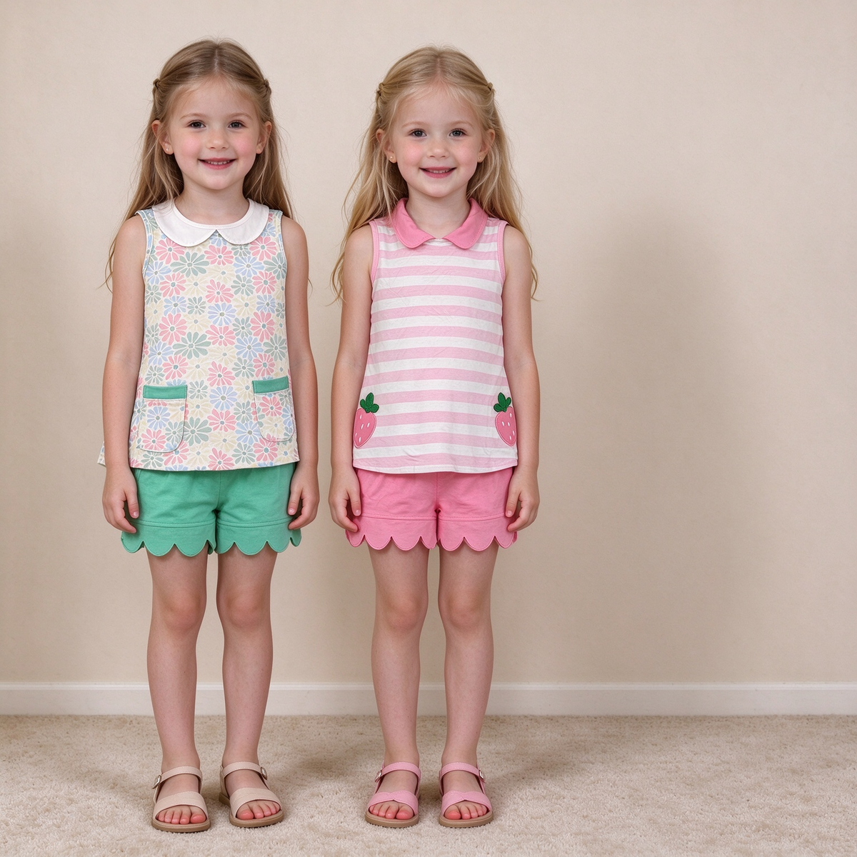 RTS NO MOQ Sibling milk silk Baby Girls Sleeveless Peter Pan Collar Tunic Top And Scallop Hem Shorts Summer Outfit