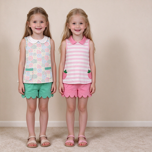 RTS NO MOQ Sibling milk silk Baby Girls Sleeveless Peter Pan Collar Tunic Top And Scallop Hem Shorts Summer Outfit
