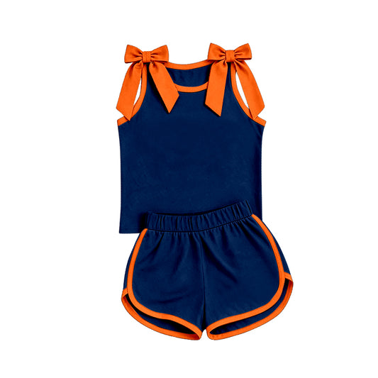 custom moq 5 mix size Baby Girls Orange Bow Navy Blue Sleeveless Top Shorts Clothes Set