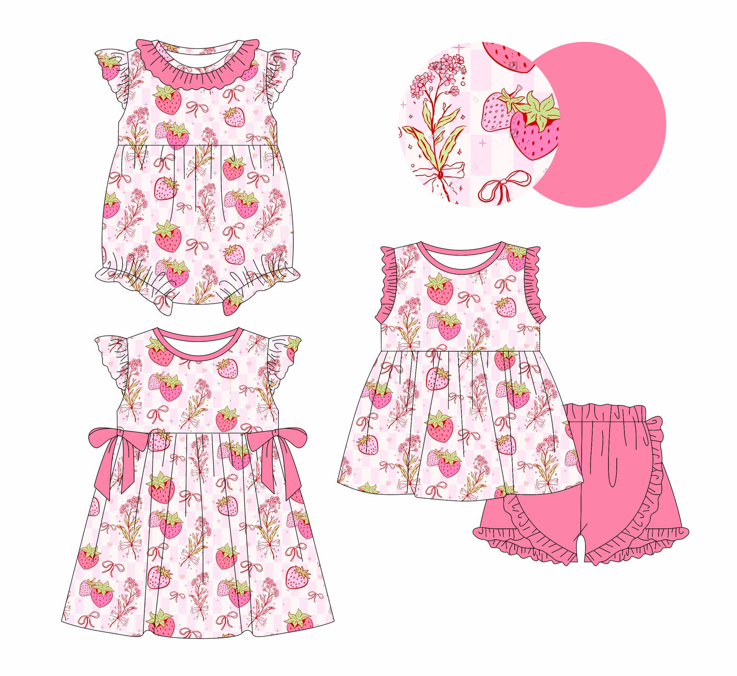 25.11.8 custom each style moq 5 eta 6-8week Sibling Sister strawberry bow baby short sleeve shorts sets and romper and dress match design