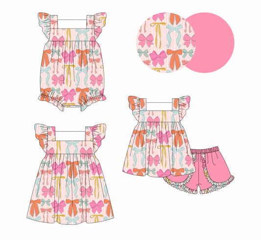 4.3 custom each style moq 5eta 4-6week Sibling Sisters bow baby girl short sleeve shorts sets and dress and rompers match family design