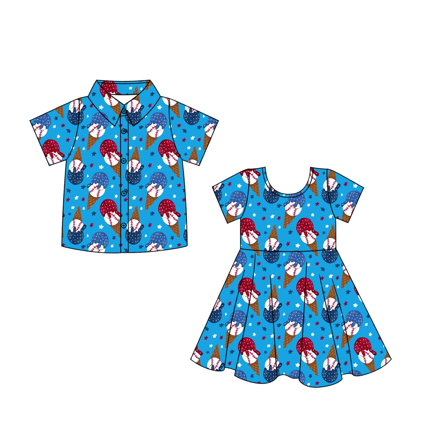 3.3 Custom moq 5 mix size Sibling Baby Girl's Blue Short-Sleeved Dress Baby Boy's Short-Sleeved Button Shirt Matching Outfit Set for Infants