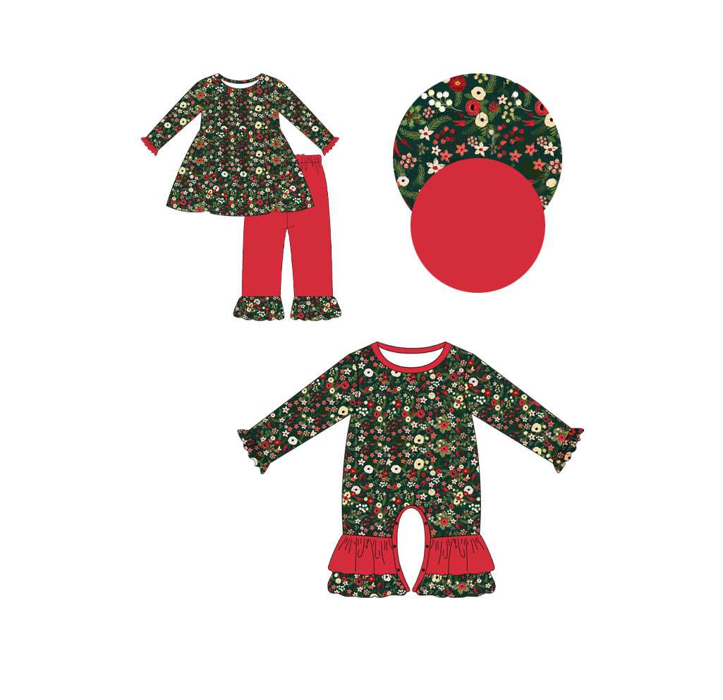 5.20custom each style moq 5eta 4-5week Sibling Sister flower prints green girls outfits and baby romper match family design