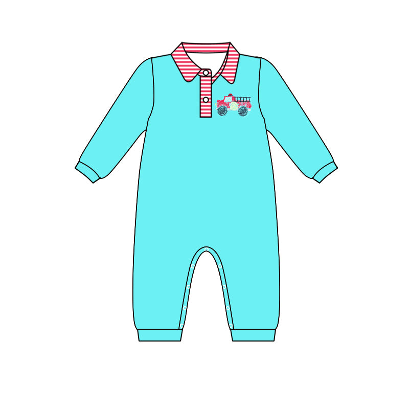 5.20custom each style moq 5eta 4-5week Sibling Sister truck prints cyan boys outfits and baby romper match family design