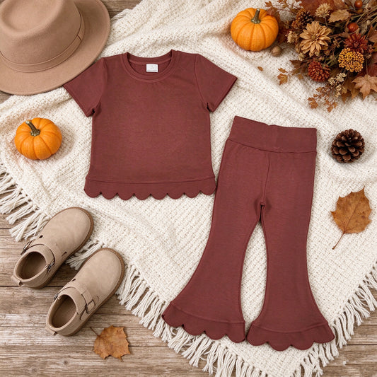NEW RTS NO MOQ cotton GSPO2347（GT1777+P1085）Baby Girls Brown Short Sleeve Shirts Top Flare Pant Scallop Casual Set