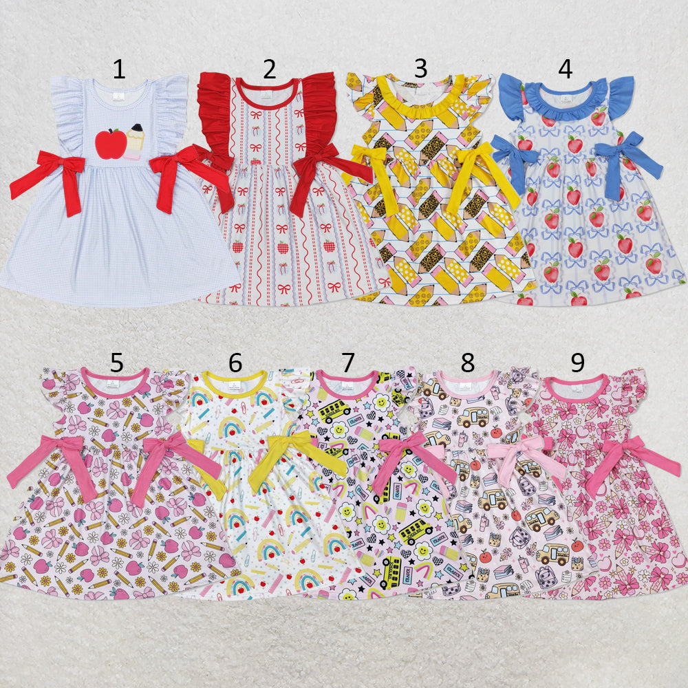 RTS NO MOQ Sibling milk silk Baby Girls Apple Bow Back To School Flutter Sleeve Knee Length Dress(2T-14-16T）