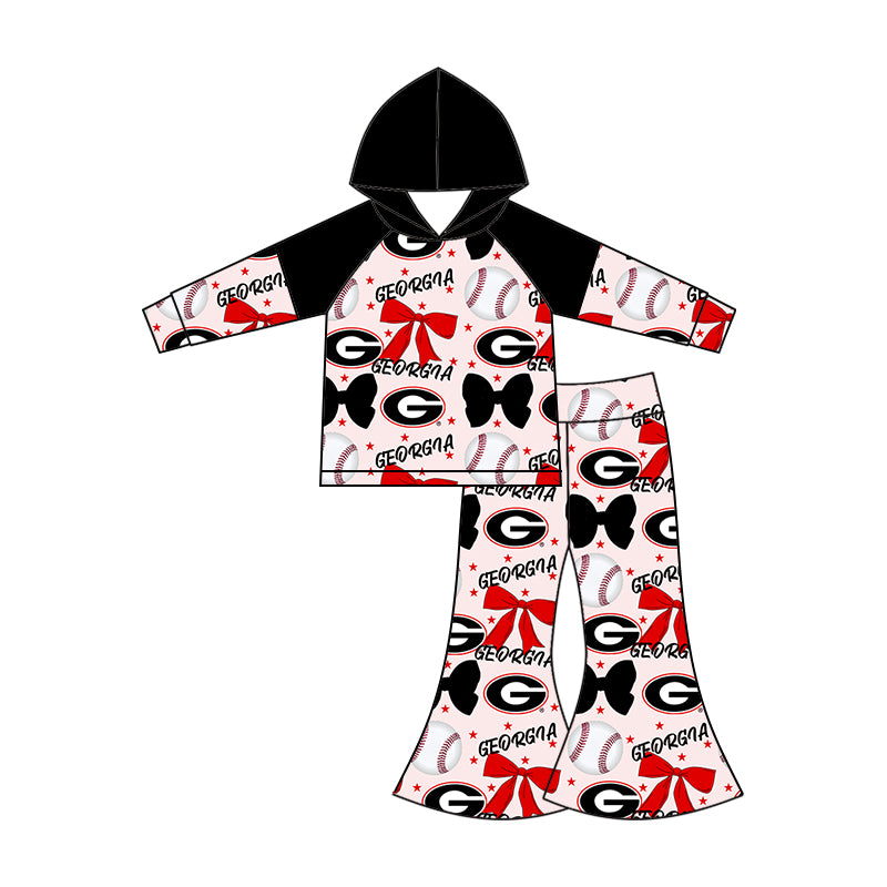 Custom moq 5 each style summer teams baby girls clothes team bow black and red long sleeve hooded pants sets and dress and romper-25.6.13