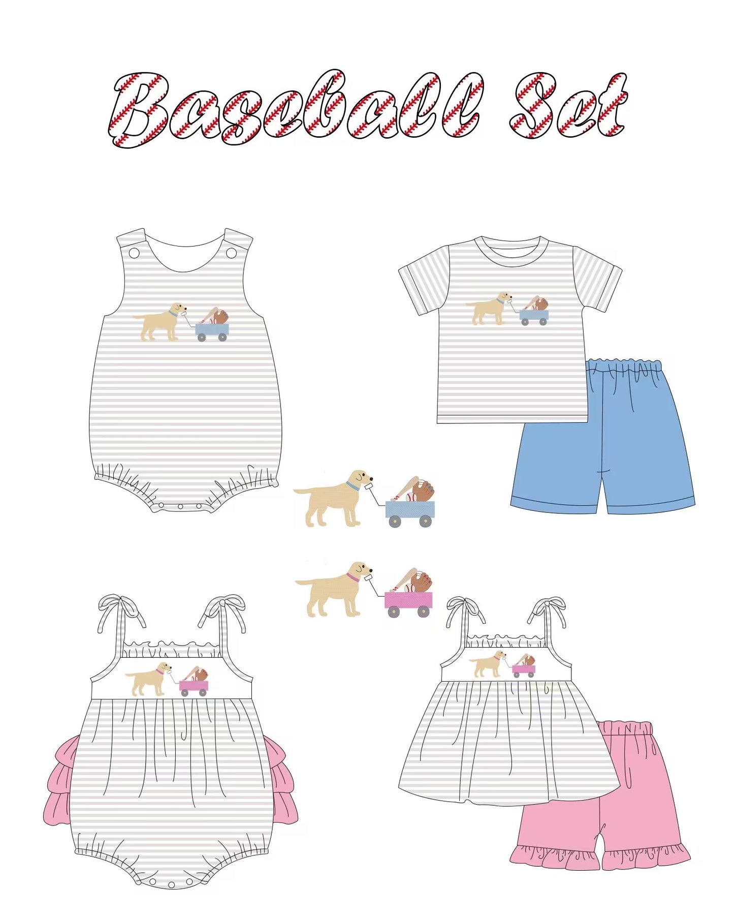 5.11custom each style moq 5eta 4-5week Sibling Sister puppy stroller prints blue-pink girls and boys outfits and baby romper match family design