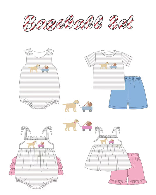 5.11custom each style moq 5eta 4-5week Sibling Sister puppy stroller prints blue-pink girls and boys outfits and baby romper match family design