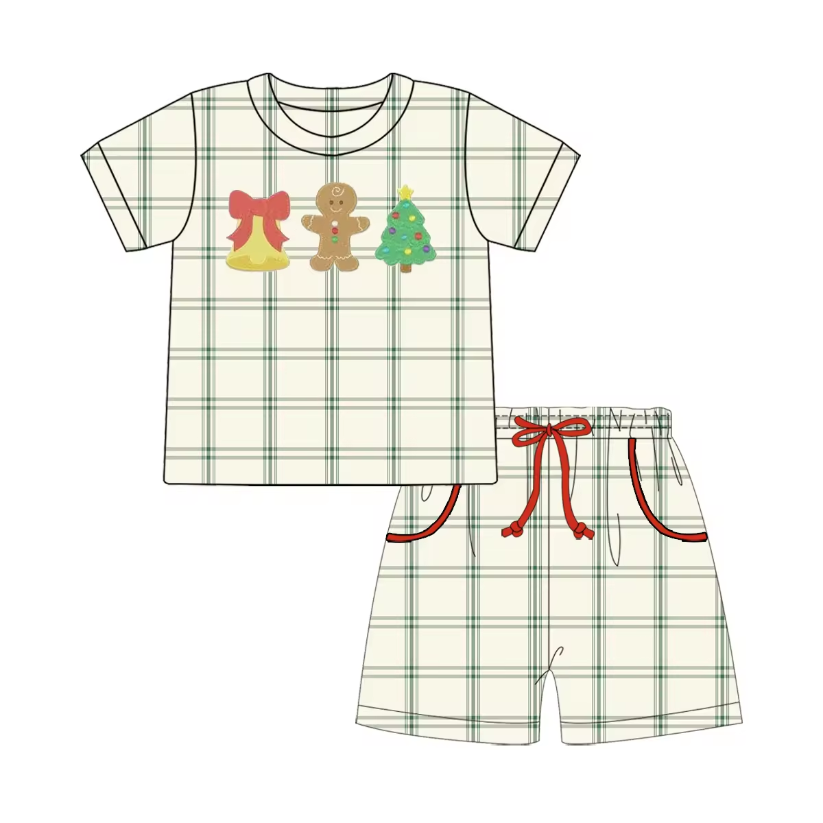 Custom moq 3 eta 6-8weeks Christmas Bell-Bear-Christmas Tree Green Plaid Short Sleeve Suit