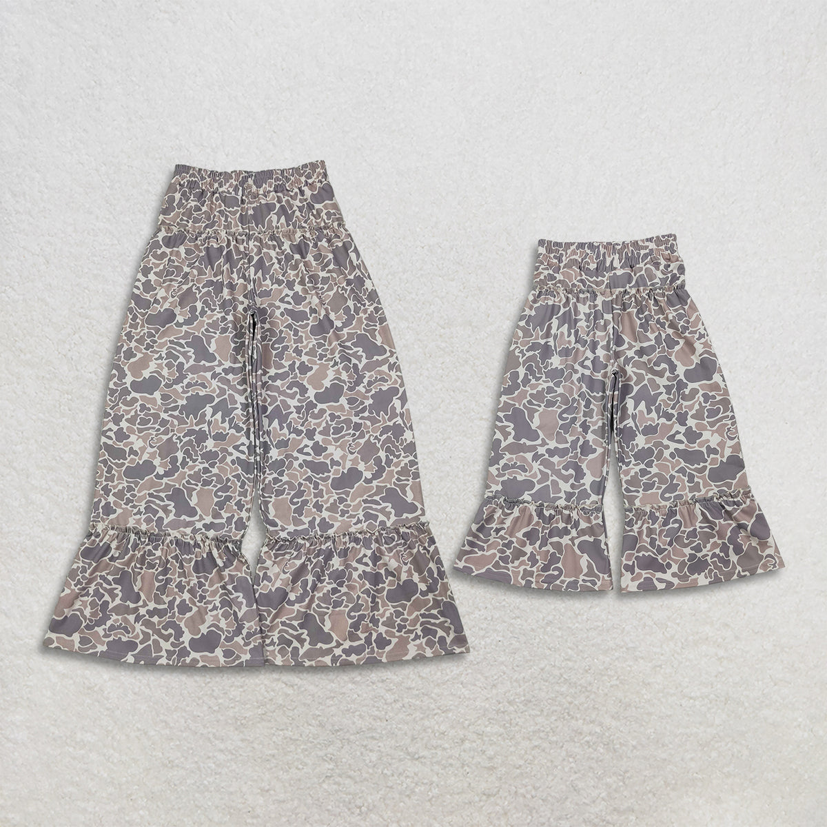 RTS NO MOQ Sibling yoga fabric Adult To Match Kids Camo Print Ruffle Yoga Flare Bell Bottom Pants