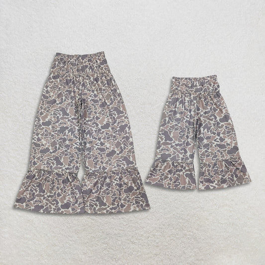 RTS NO MOQ Sibling yoga fabric Adult To Match Kids Camo Print Ruffle Yoga Flare Bell Bottom Pants