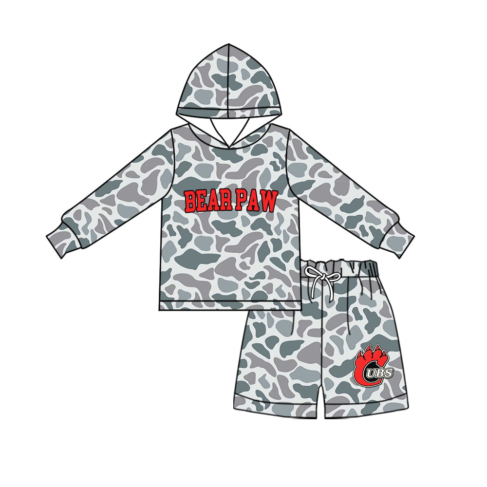 custom moq 5 mix size MSD072705 Baby Kids Grey Camo Long Sleeve Hoodie Top Shorts Team Set