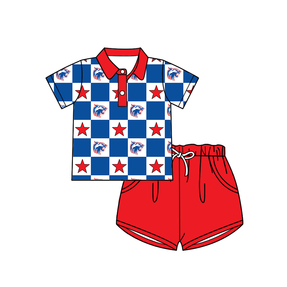 Custom moq 5 mix size milk silk summer teams Blue Checked Bows Baby Girl Sleeveless Red Top Skirt Short Set Dress And Shorts Yoga Outfit Boy's Top Shorts Set Romper