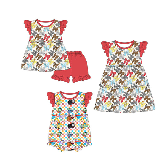 4.9 custom each style moq 5eta 4-6week Sibling Sisters butterfly baby girl short sleeve shorts sets and dress and rompers match family design