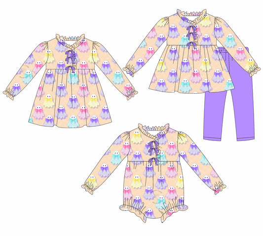 25.7.22 custom each style moq 5eta 4-6week Sibling Sisters ghost baby girl long sleeve pants sets and dress and rompers match family design