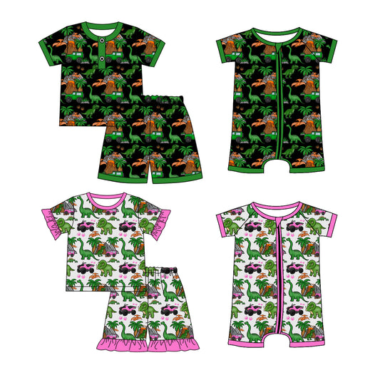 3.27 custom each style moq 5eta 4-6week Sibling Sister dinosaur baby girl short sleeve shorts sets and sets 2 and boy romper and girl romper match design