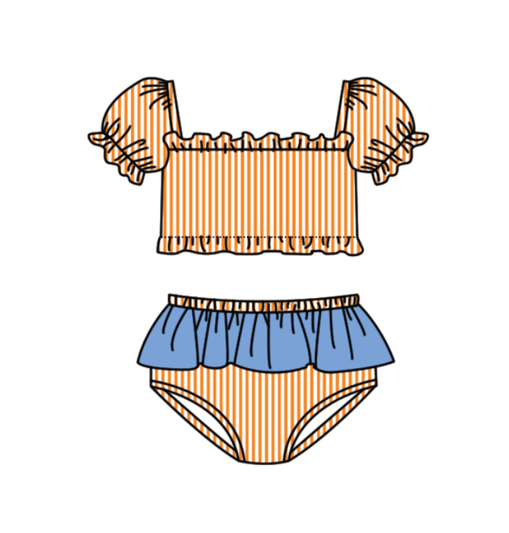 Custom moq 5 mix size milk silk summer teams baby girl boys clothes Orange Two-Piece Swimsuit Set One Piece Swimsuits boy swim trunks