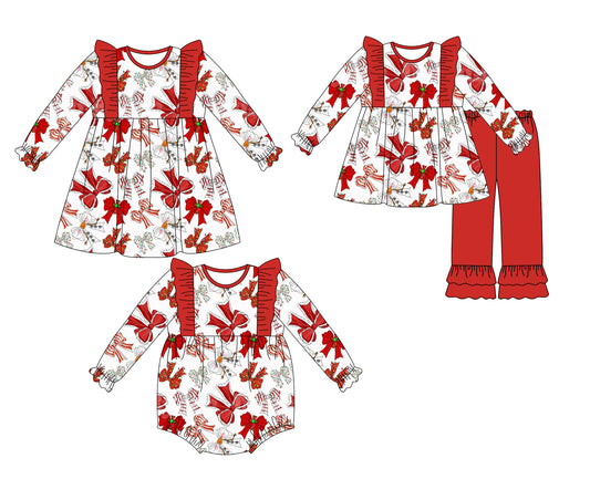 25.5.12 custom each style moq 5eta 4-6week Sibling Sisters Christmas bow baby girl long sleeve pants sets and dress and rompers match family design