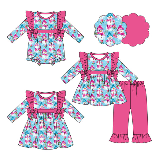 25.6.19 custom each style moq 5eta 4-6week Sibling Sisters snowman baby girl long sleeve pants sets and dress and rompers match family design