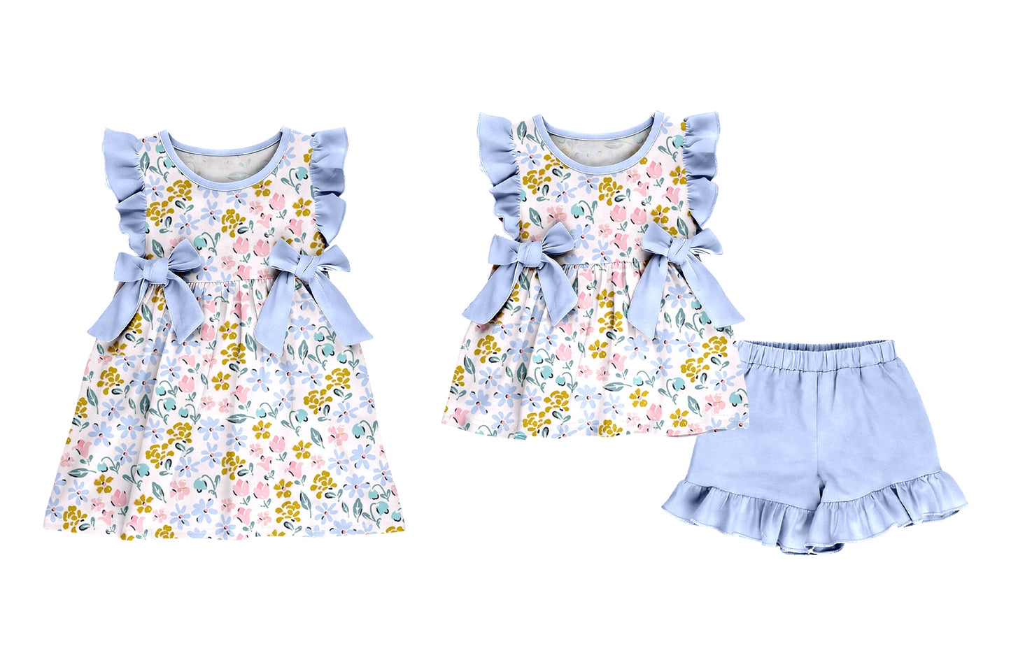 3.16 Custom moq 5 mix size Sibling Baby Girl's Colorful Flowers Sleeveless Top And Shorts Set Cute Dress for Summer