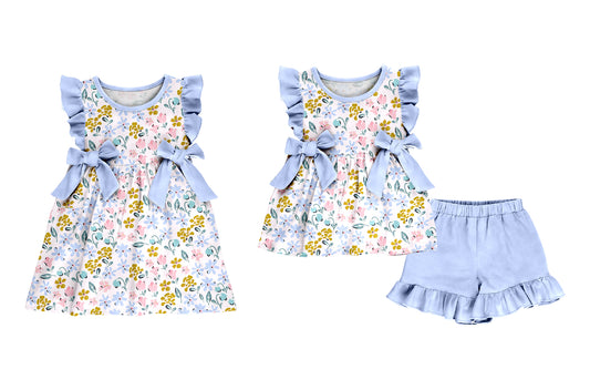 3.16 Custom moq 5 mix size Sibling Baby Girl's Colorful Flowers Sleeveless Top And Shorts Set Cute Dress for Summer