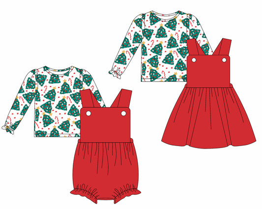 25.5.29 custom each style moq 5eta 4-6week Sibling Sisters Christmas trees baby girls short sleeve dress and short sleeve rompers and top 1 and top 2 match family design