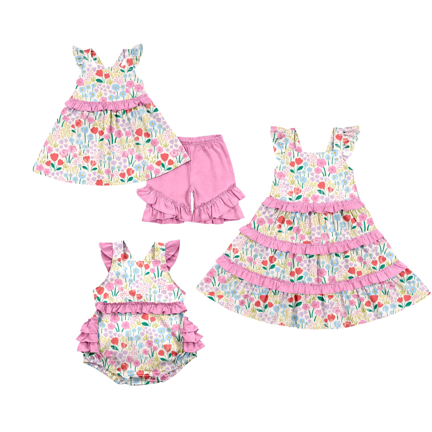 Custom moq 5 mix size Sibling Baby Girl's Floral Print pink Short-Sleeved Top And Shorts Set Cute Romper Dress for Spring Summer