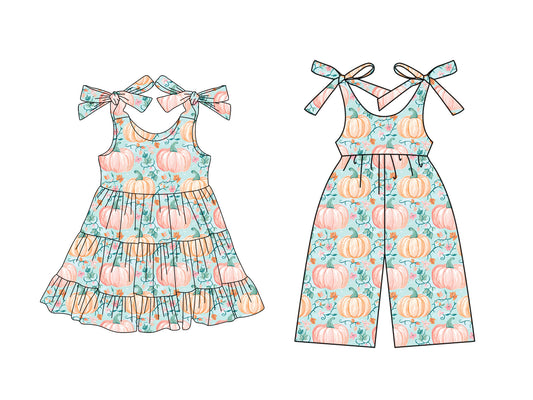 25.6.11 custom each style moq 5eta 4-6week Sibling Sister pumpkin floral baby girl short sleeve dresses and jumpsuit match design