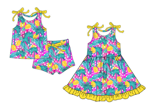 4.14 custom each style moq 5eta 4-6week Sibling Sister pinapple baby girl short sleeve shorts sets and dresses match design