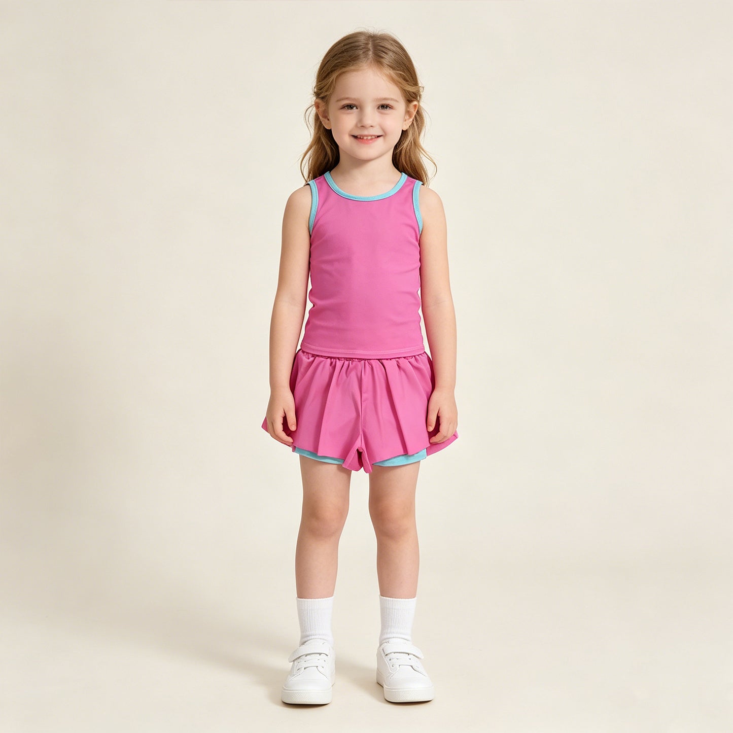 RTS NO MOQ yoga fabric cotton GSSO3526 Baby Girls Pink Sleeveless Vest Ruffle Shorts Active Set