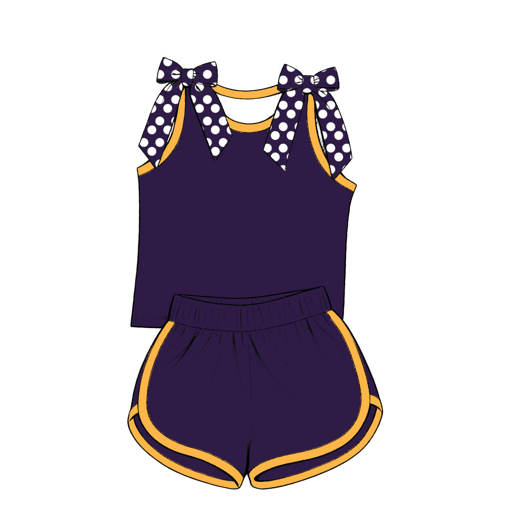 custom moq 5 mix size Baby Girls Purple Polka Dots Bow Sleeveless Top Shorts Summer Casual Outfit Set