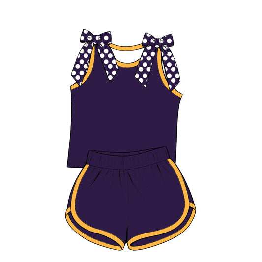 custom moq 5 mix size Baby Girls Purple Polka Dots Bow Sleeveless Top Shorts Summer Casual Outfit Set