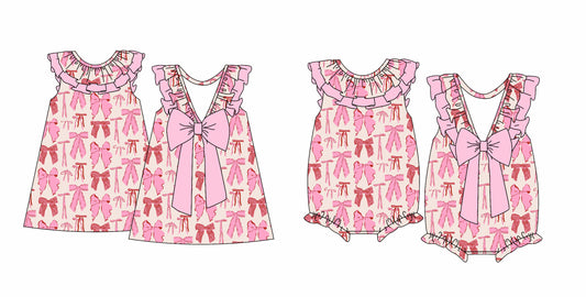 12.14 custom each style moq 5eta 4-6week Sibling Sister bow baby girl short sleeve dress and rompers match family design