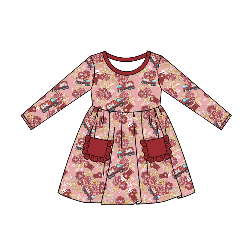 6.3 custom each style moq 5eta 4-6week Sibling Sister Fire truck red baby girls outfits and dress and baby romper match family design