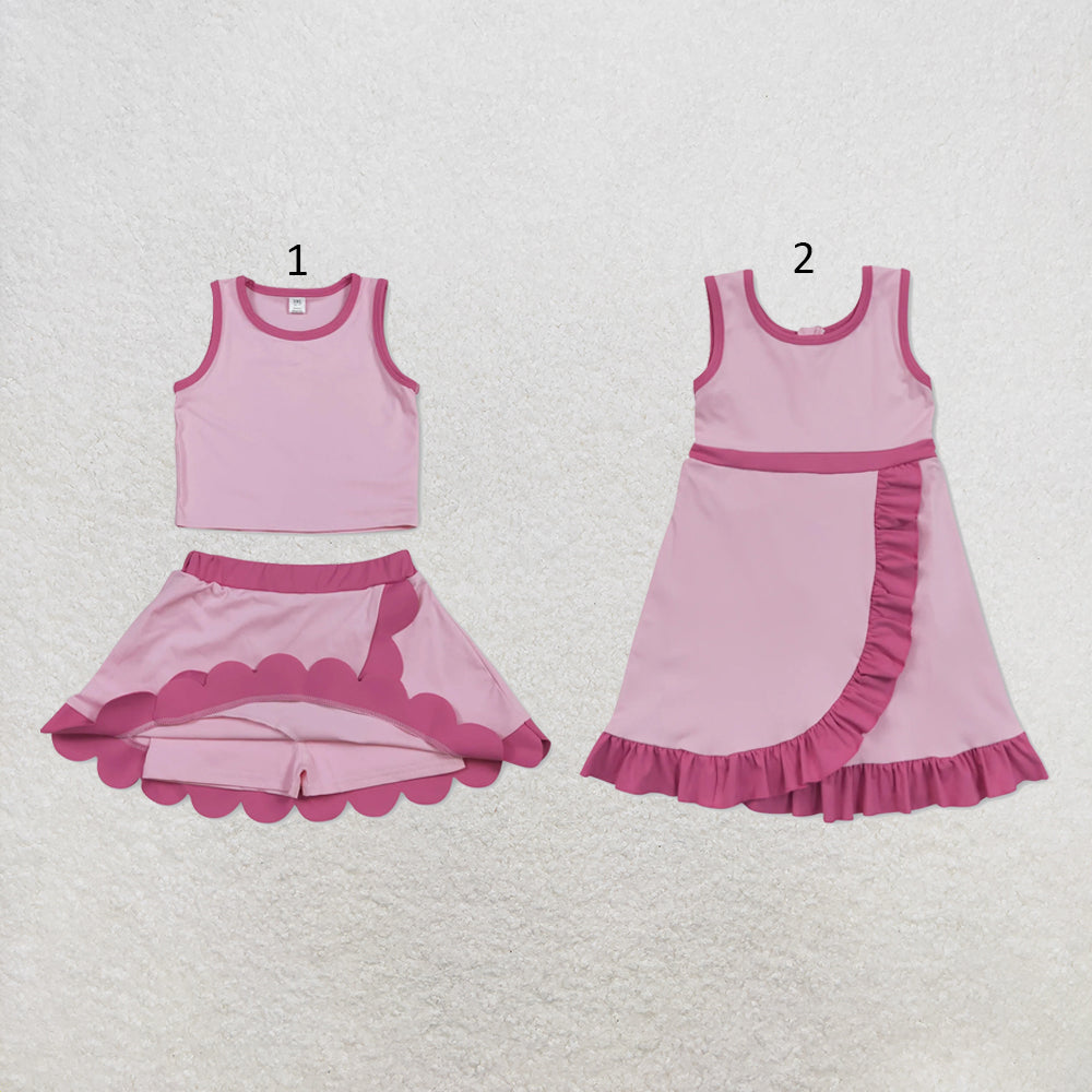 RTS NO MOQ Sibling cotton Baby Girls Pink Sleeveless Vest Scallop Skirt Yoga Active Set Short Knee Length Dress