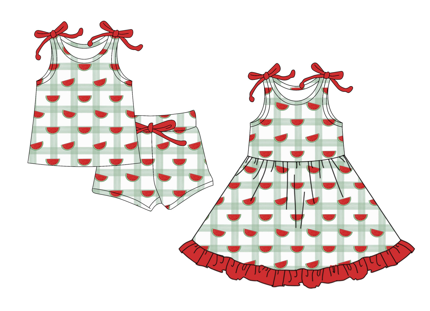 4.4 custom each style moq 5eta 4-6week Sibling Sister watermelon baby girl short sleeve shorts sets and dresses match design