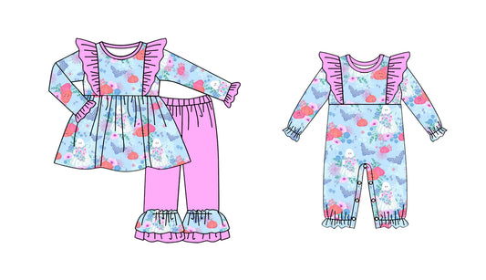 25.5.7 custom each style moq 5eta 4-6week Sibling Sisters pumpkin floral baby girl long sleeve pants sets and rompers match family design