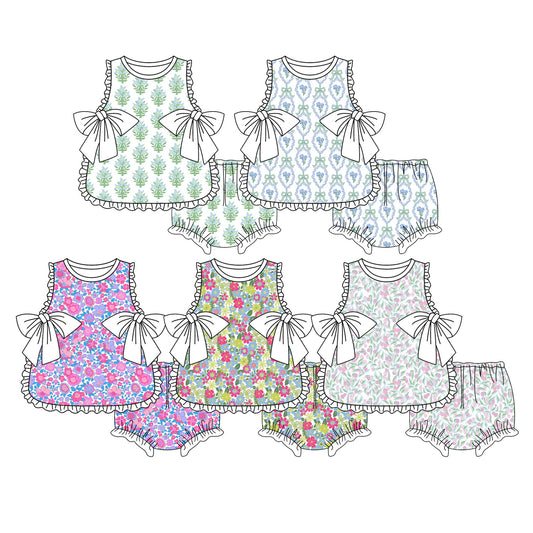 3.27 Custom moq 5 mix size Sibling Baby Girl's Flowers Sleeveless Top Bummie Clothes Sets
