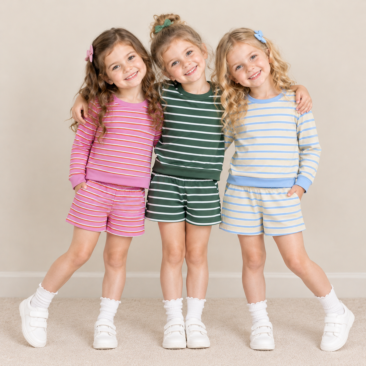 RTS NO MOQ Sibling yoga fabric Baby Girls Striped Long Sleeve Top And Pocket Shorts Yoga Outfit