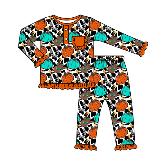 7.29 custom each style moq 5eta 4-6week Sibling Sister pumpkin cow pattern orange baby girls sets and rompers match family design