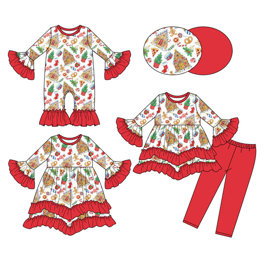 25.6.10 custom each style moq 5eta 4-6week Sibling Sisters Christmas house baby girl long sleeve pants sets and dress and rompers match family design