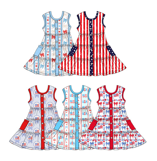 Custom moq 5 mix size Baby Girls Bow-Print Sleeveless Dress 4th of July Patriotic Clothing for Little Girls