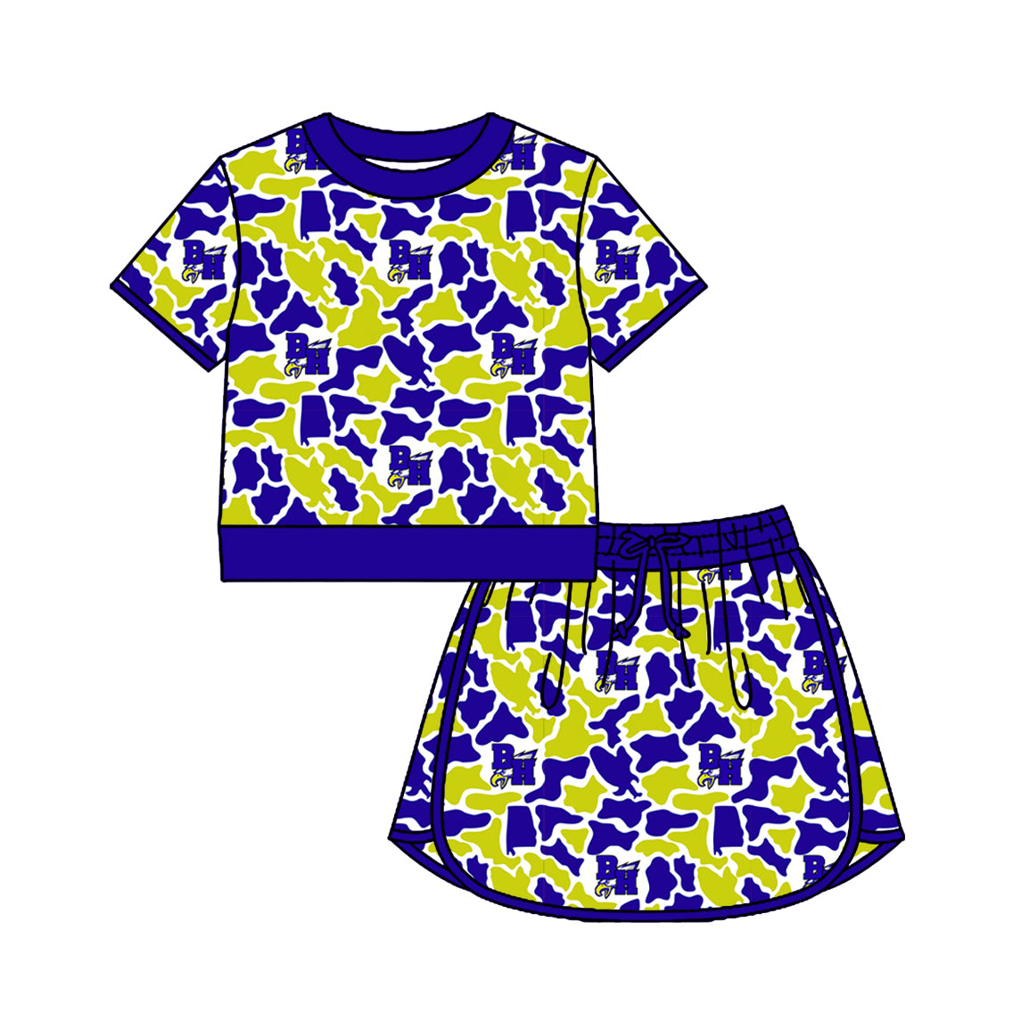Custom moq 5 mix size summer teams Baby Girls Short Sleeved Camouflage Top And Skirt Set