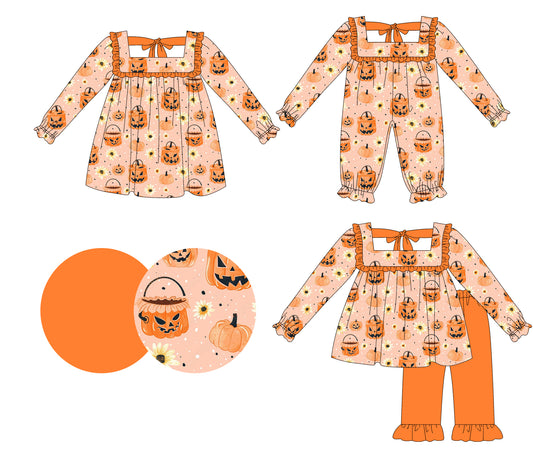 25.5.16 custom each style moq 5eta 4-6week Sibling Sisters pumpkin floral baby girl long sleeve pants sets and dress and rompers match family design