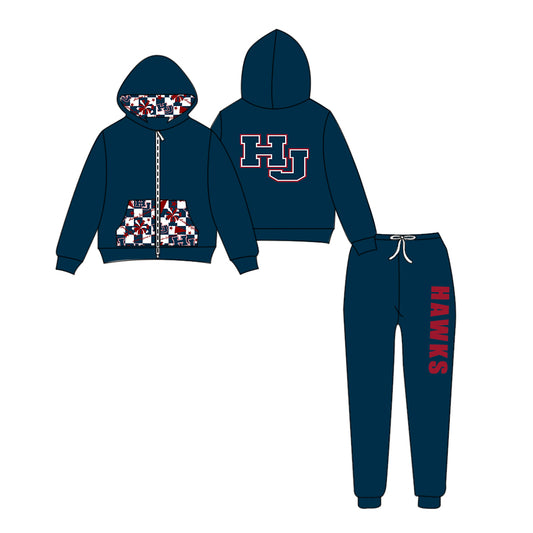 Custom moq 5 mix size eta 6-8weeks milk silk summer teams navy blue baby girl clothes hooded long sleeve pants sets-25.9.11