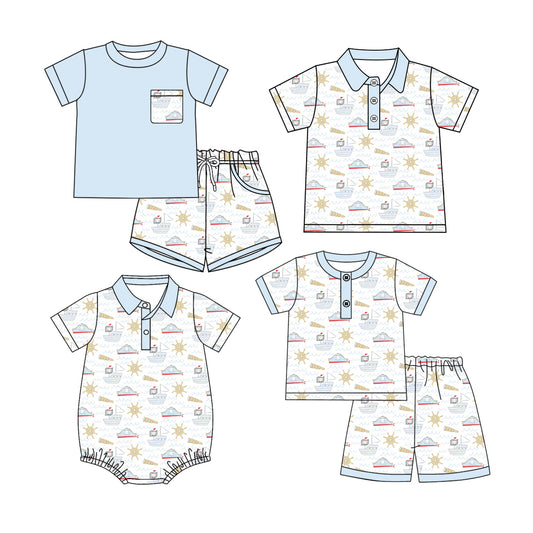4.11 Custom moq 5 mix size Sibling Baby Boy Blue Short-Sleeved Top Shorts Set Romper And Short-Sleeved Polo Shirt
