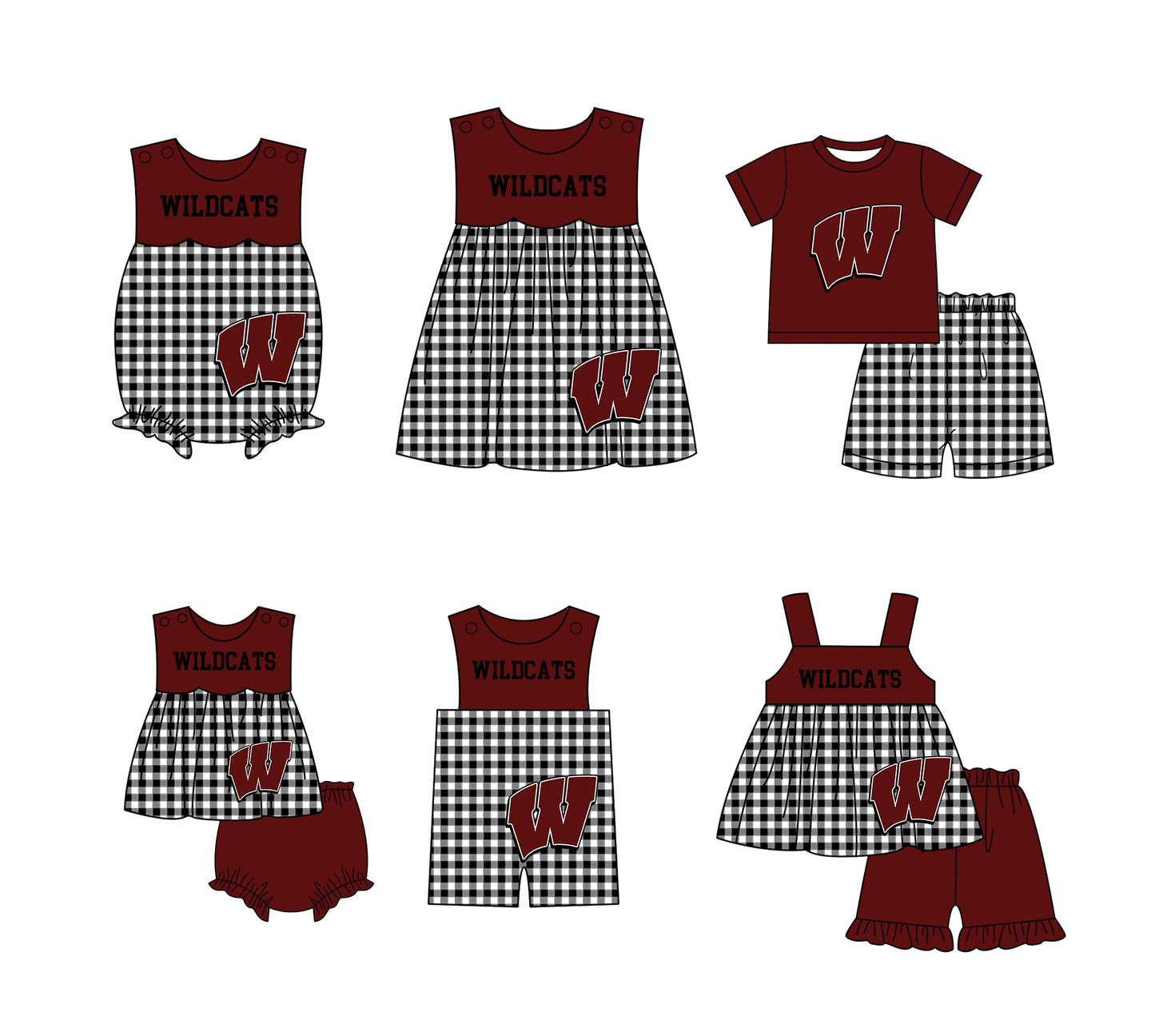 Custom moq 5 mix size milk silk summer teams baby girl boys clothes Dark Red Black and white checkered short sleeve shorts sets 3 and dress and rompers 2 series