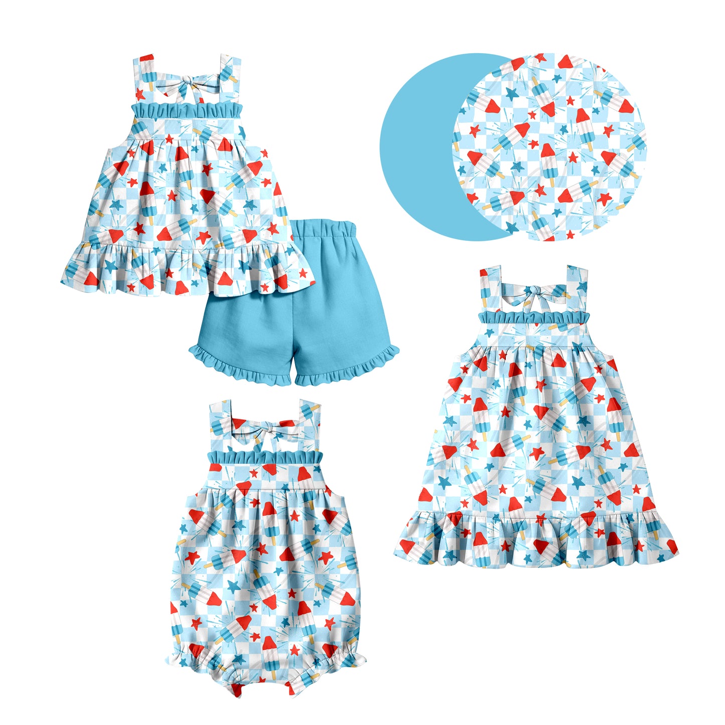 Custom moq 5 mix size Sibling Baby Girl's Blue 4th of July Sleeveless Top And Shorts Set Cute Romper Dress for Summer